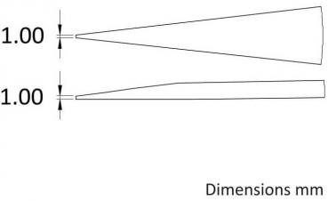 The image shows two narrow, conical shapes. Both have a width of 1.00 mm at their thickest points. The upper shape is pointed, the lower one is flatter. Below it states "Dimensions mm".