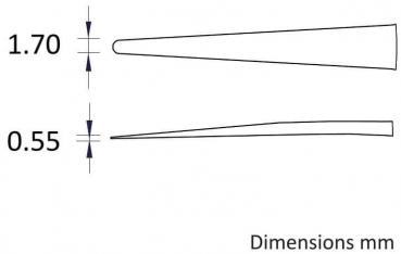Das Bild zeigt zwei längliche, spitz zulaufende Formen. Die obere hat eine Breite von 1,70 mm und die untere von 0,55 mm. Darunter steht "Dimensions mm".