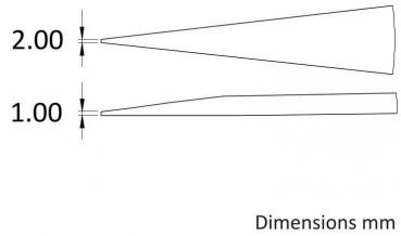 Das Bild zeigt zwei konische Formen, eine mit einer Höhe von 2 mm und die andere von 1 mm. Die obere Form ist breiter und verjüngt sich zum Ende hin. Maße sind rechts angegeben.