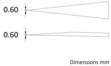 The image shows two drawn objects, both labeled "0.60 mm". The upper object has a conical shape, the lower one a straight, narrow shape. On the right it says "Dimensions mm".