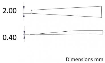 The image shows two narrow, elongated shapes. The top one has a width of 2 mm, the bottom one of 0.4 mm. Both shapes taper to a pointed end. The dimensions are listed below the image.