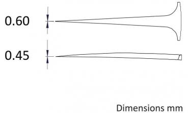 The image displays two vertical lines of varying widths: one measuring 0.60 mm and the other 0.45 mm. Below the lines, it reads "Dimensions mm". The lines are tapered at the ends.