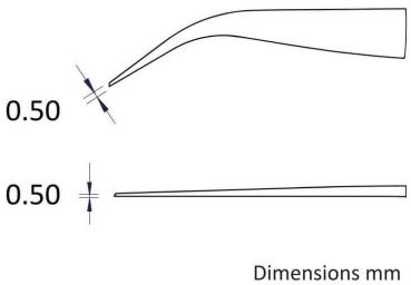 The image displays two technical drawings. At the top is a curve with a point in the middle, and below it, a straight line. Both parts feature a representation of 0.50 mm.