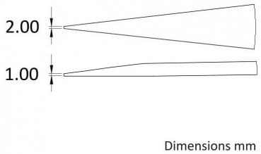 The image shows two conical shapes. The upper one has a diameter of 2.00 mm, the lower one has a diameter of 1.00 mm. Both are marked with dimension lines on the left side. On the right it says "Dimensions mm".