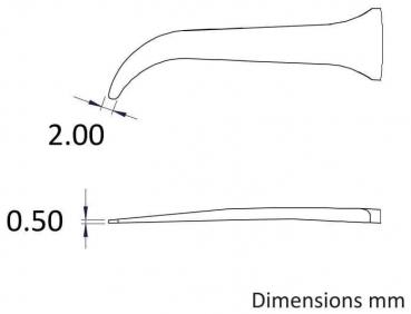 The image displays technical drawings of an object with two views. The top shows a side view with a curved shape and dimensions of 2.00 mm, and the bottom shows a top view with 0.50 mm.