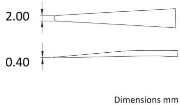 The image displays two sketched shapes with dimensions. The top shape is 2.00 mm thick, the bottom 0.40 mm. The lines are thin and uniformly taper to a point. On the right it says "Dimensions mm".