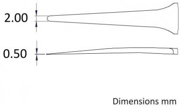 The image shows two elongated objects in side view. The top shows the wider end of the first object at 2 mm, and below, a narrower end at 0.5 mm. The dimensions are provided.
