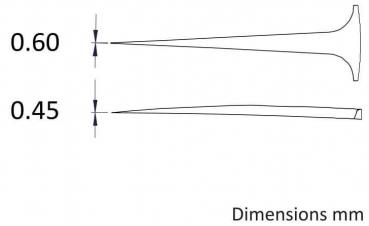 The image shows two lines with different shapes and lengths. The upper line is thick at one end and tapers off, the lower line is uniformly thin. Dimensions are given in millimeters.