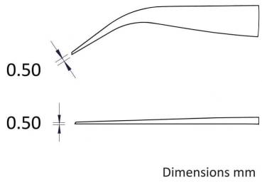 Das Bild zeigt zwei schematische Darstellungen eines Objekts mit einer gebogenen und einer geraden Linie. Beide haben Maßangaben von 0,50 mm. Die obere Linie ist gebogen, die untere gerade.