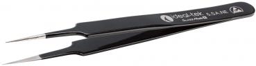 The image shows a black tweezer with narrow, pointed tips. It is smooth and has a logo on the side. The handles are slightly curved to allow for better handling.