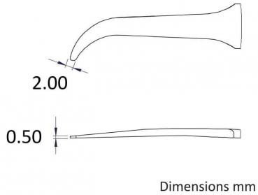 The image displays a technical sketch of an object. It has a curved, upward-pointing shape with two measurements: 2.00 mm and 0.50 mm. The dimensions are clearly indicated.