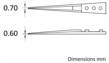 The image displays technical drawings of an object in two views. The top shows a side view with a length of 0.70 mm, and the bottom shows a view with a thickness of 0.60 mm. Dimensions are provided.