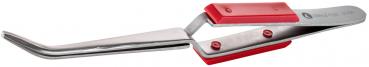 The image shows a curved, metallic tweezer with red plastic handles. The tips are narrow and tapered, ideal for gripping small objects.