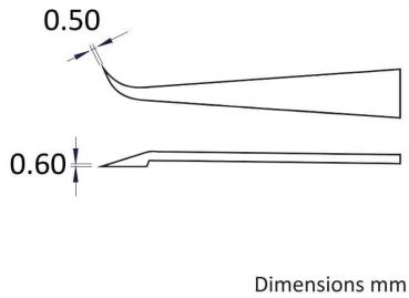 The image displays technical sketches of two tool tips. The upper one has a sharp, curved shape measuring 0.50 mm, while the lower one is pointed and measures 0.60 mm. Below it reads "Dimensions mm".