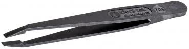 The image shows a sharp, black metal tweezer. It has two long, narrow arms that open at one end to grasp small objects. The surface is smooth and slightly shimmering.