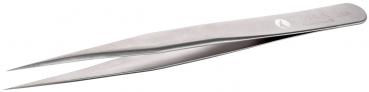 The image shows a narrow, stainless steel tweezer. It has two pointed, movable ends that can be opened and closed. The tweezer is shiny and has a smooth surface.