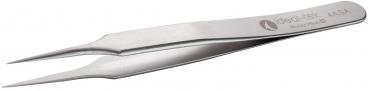 The image shows a series of sharp stainless steel tweezers. They are slender, with a smooth surface and curved upwards at the ends, ideal for precise tasks.