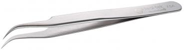 The image shows a narrow, curved tweezer made of stainless steel. It has a smooth surface and features an engraving with the brand name. The tips are fine and precise.