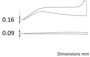 The image shows two thin, parallel lines with a measurement indication. The upper line has a height of 0.16 mm, the lower one is 0.09 mm. On the right it says "Dimensions mm".