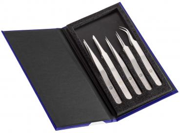 The image shows an open case with five silver tweezers in different shapes, on a black foam cushion. The case has a blue exterior.