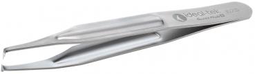 The image shows a long, narrow pair of tweezers made from shiny stainless steel. It has two gripping arms that are slightly bent at the tips to facilitate the grasping of small objects.