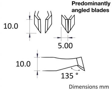 Das Bild zeigt technische Zeichnungen von Klingen mit unterschiedlichen Neigungen. Es sind Maße von 10 mm und 5 mm angegeben, sowie ein Winkel von 135 Grad.