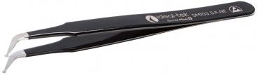 The image shows a black metal tweezer with two pointed ends. It has a smooth surface and a brand imprint on the back. The shape is slim and ergonomic.