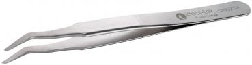 The image shows a pointed, shiny metal tweezer. It has two handles that are used for gripping and holding small objects.
