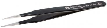 The image shows a black tweezer with sharp, fine tips. It has a smooth surface and a simple design, ideal for gripping small objects.