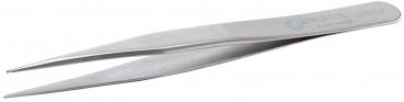 The image shows a silver tweezer with two long, narrow jaws that taper to a point at one end. It is made of stainless steel and has a smooth surface.