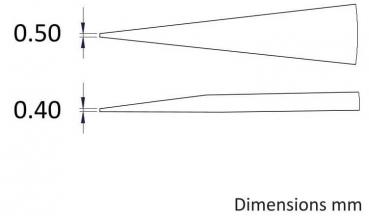 The image depicts two differently shaped, pointed objects measuring 0.50 mm and 0.40 mm. The objects are arranged side by side and schematically sketched.