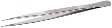 The image shows a silver metal tweezer. It has two long, narrow tongs that taper and meet at the tips. One side of the tweezer has fine grooves for better grip.