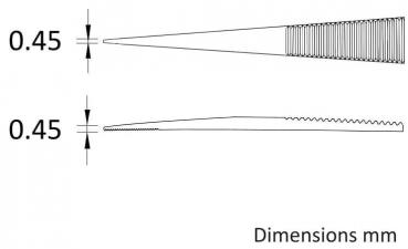The image displays two combs, each in a side view. The top one features fine teeth, and the bottom one has a wavy edge. Both are scaled to a width of 0.45 mm.