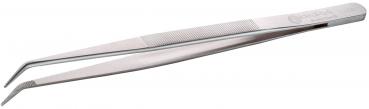 In the image, there is an elegant, silver tweezers with a curved end. The surface has grooves for better grip. It looks precise and functional.
