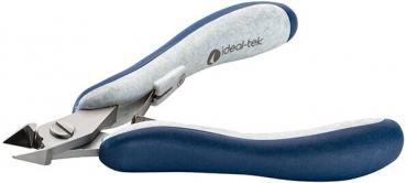 The image shows a small, ergonomic pair of pliers with blue rubber grips. The blades are made of shiny metal and have a pointed, sharp shape. Ideal for cutting fine objects.