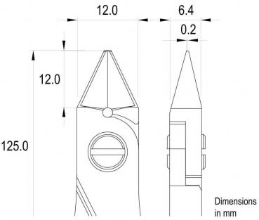 The image displays a technical drawing with two views of an object, likely a pencil or a tool. Measurements in millimeters are provided: 12.0, 6.4, and 125.0.