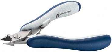 It is a flat, plier-like cutting tool with blue, ergonomic handles. The blades are sharp and slightly curved for precise cutting.