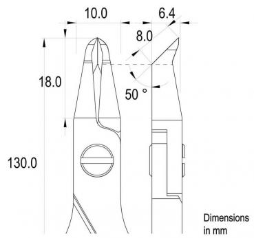 The image shows a technical drawing of a tool, likely a pair of pliers. Dimensions in millimeters are marked, including lengths and angles.