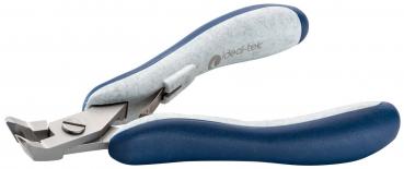 The image shows a nail clipper with blue, rubberized handles. The blades are made of metal and appear sharp, ideal for trimming nails. The clipper is handy and ergonomic.