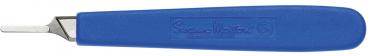 The image displays a sharp, metallic scalpel with a curved blade. It is labeled with 