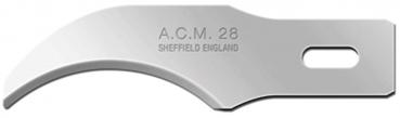 Das Bild zeigt eine gebogene, glatte Klinge aus Stahl mit der Aufschrift ?A.C.M. 28? und ?SHEFFIELD ENGLAND?. Sie hat eine Aussparung auf der Seite und ist für präzise Schnitte gedacht.