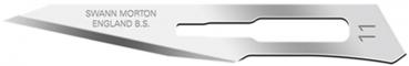 The image shows a sharp, silver blade with a pointed and thin shape. The words "SWANN MORTON ENGLAND" are engraved on the blade.