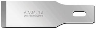 Das Bild zeigt einen glänzenden, metallischen Klingenwerkzeug mit einer breiten Kante. Es hat eine eingestempelte Aufschrift: ?A.C.M. 18 SHEFFIELD ENGLAND? und ein rundes Loch am Griffende.