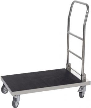 The image shows a dolly with a flat platform and a tall, round handle on one side. The platform has a non-slip surface and four swivel wheels.