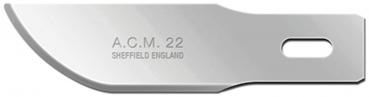 The image displays a shiny, narrow blade with a curved, sharp edge. The words "A.C.M. 22" and "SHEFFIELD ENGLAND" are inscribed on the blade. There is a hole on one side for the handle.