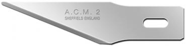 The image shows a narrow, metallic blade with a pointed front and an opening on the side. The surface is shiny, and the words "A.C.M. 2" and "Sheffield England" are engraved.