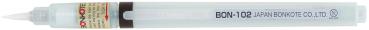 The image shows a transparent felt-tip pen with a fine tip. It has a white body and a brown cap. Small inscriptions and symbols can be seen on the pen.