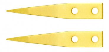The image shows two golden, pointed objects with a logo and two holes. They are elongated and narrow, tapering to a point at the top. They appear to have a decorative or functional purpose.