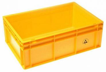 The image shows a rectangular, bright yellow plastic box. It has a flat shape and low walls, with a smooth surface and a symbolic print on one side.