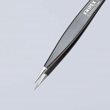 The image shows a black tweezer with pointed ends. On the side, there is the inscription "KNIPEX" made of shiny metal. The surface is smooth and glossy.
